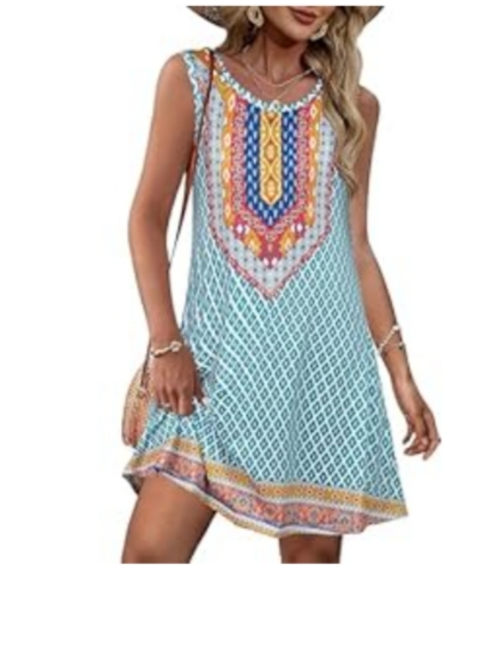 Sleeveless Blue Patterned Boho Tunic Dress with Orange Embellished Yoke